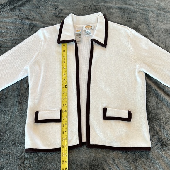🎉Host Pick 2x🎉Talbots White Open Front Cardigan w/Brown Pipping Small Petite - Picture 7 of 11